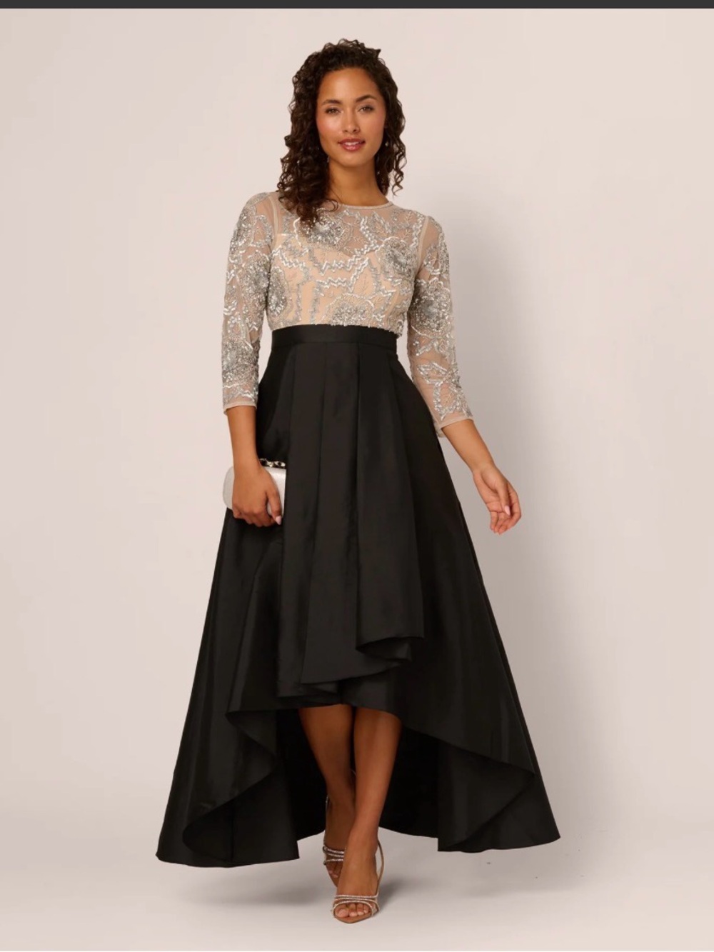Adrianna Papell Black High-Low Skirt with Silver Embellished Sheer Bodice